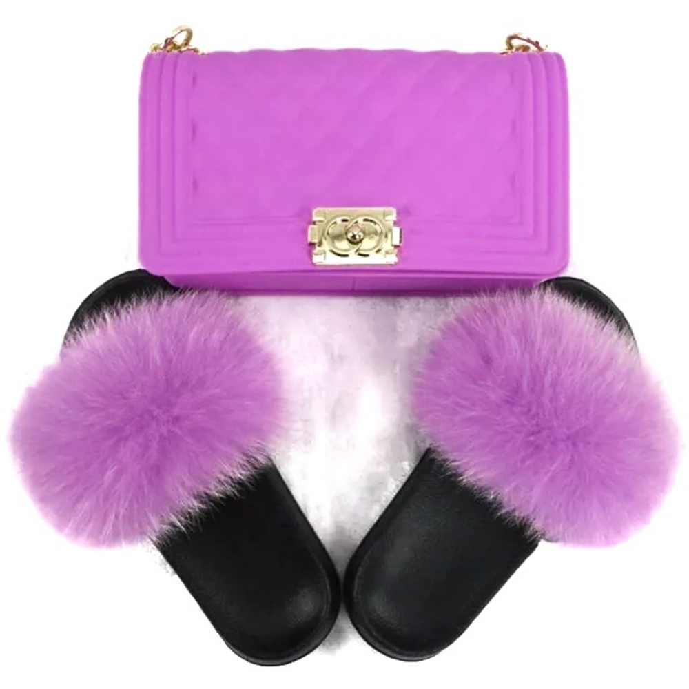 WOMEN REAL FOX FUR SLIPPERS & Crossbody Bag Set